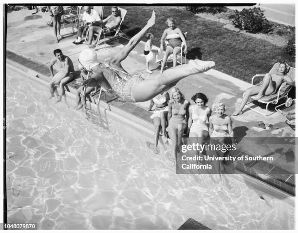 Diving at Country Club Hotel, 14 July 1949. Billie Grant;Bridget Browne;Mona Knox;Joyce Elaine;Helen C Morgan .;Caption slip reads: 'Photographer:...