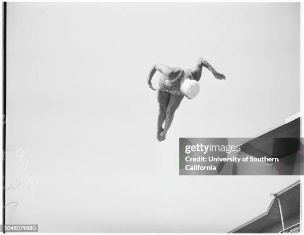 Diving at Country Club Hotel, 14 July 1949. Billie Grant;Bridget Browne;Mona Knox;Joyce Elaine;Helen C Morgan .;Caption slip reads: 'Photographer:...