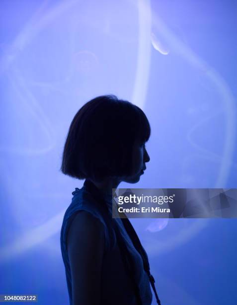 silhouette of woman in aquarium - eskapismus stock-fotos und bilder