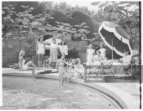 Santa Monica tennis, 24 August 1950. Joyce Andrews;Nancy Viault;Shelah Hackett;Betty Jane McCoskey;Joan Dasteel;Joyce Reynolds;Diane Dodge;Darlene...