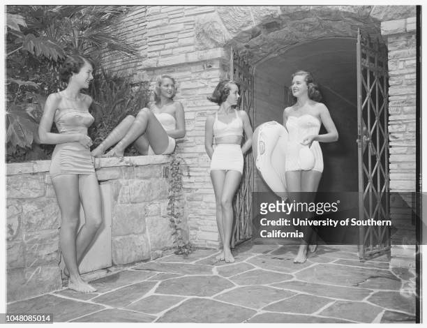 Santa Monica tennis, 24 August 1950. Joyce Andrews;Nancy Viault;Shelah Hackett;Betty Jane McCoskey;Joan Dasteel;Joyce Reynolds;Diane Dodge;Darlene...