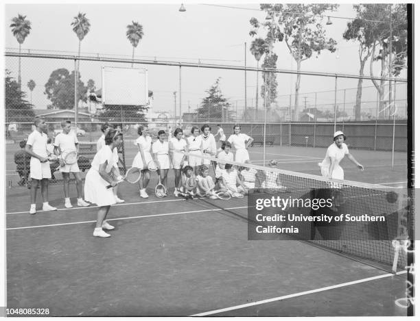 Santa Monica tennis, 24 August 1950. Joyce Andrews;Nancy Viault;Shelah Hackett;Betty Jane McCoskey;Joan Dasteel;Joyce Reynolds;Diane Dodge;Darlene...