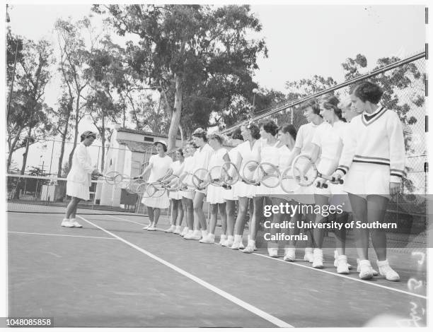 Santa Monica tennis, 24 August 1950. Joyce Andrews;Nancy Viault;Shelah Hackett;Betty Jane McCoskey;Joan Dasteel;Joyce Reynolds;Diane Dodge;Darlene...