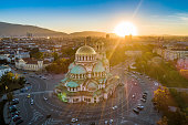 Aerial view of Alexander Nevski cathedral in Sofia, Bulgaria with setting sun