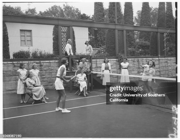 Santa Monica tennis, 24 August 1950. Joyce Andrews;Nancy Viault;Shelah Hackett;Betty Jane McCoskey;Joan Dasteel;Joyce Reynolds;Diane Dodge;Darlene...