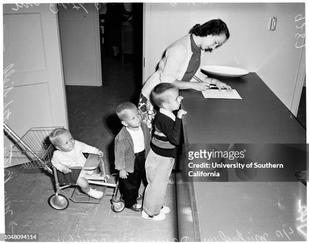 Registration in kindergarten , 11 September 1951. Katie McLean -- 4 1/2 years;Mrs Patricia McLean;Frances Sanceri -- 9 years;Mrs L.C Sales;Mrs Irene...