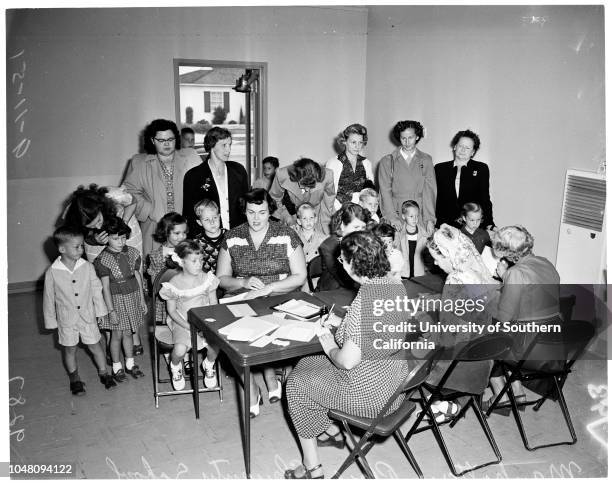 Registration in kindergarten , 11 September 1951. Katie McLean -- 4 1/2 years;Mrs Patricia McLean;Frances Sanceri -- 9 years;Mrs L.C Sales;Mrs Irene...