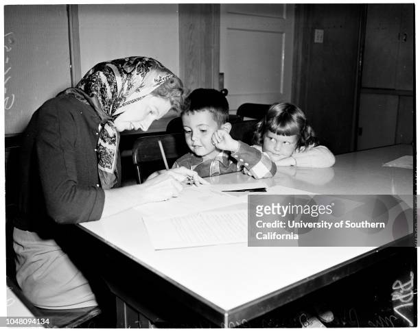 Registration in kindergarten , 11 September 1951. Katie McLean -- 4 1/2 years;Mrs Patricia McLean;Frances Sanceri -- 9 years;Mrs L.C Sales;Mrs Irene...