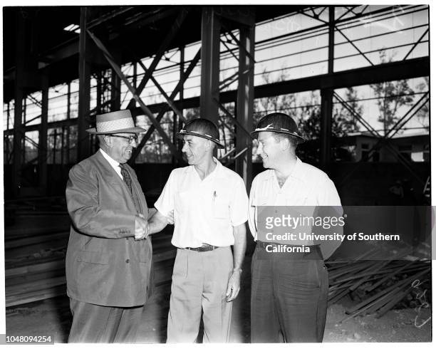 Henry J Kaiser, Senior at Fontana Steel Plant, 10 September 1951. Henry J Kaiser, Senior;Dale Miller;George B McMeans;Jack L Ashby.;Caption slip...
