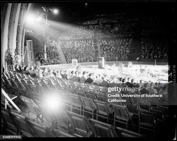 Billy Graham rehearsal, Hollywood Bowl, 21 September 1951. Billy Graham;Grady Wilson;Crowd shots.;Caption slip reads: 'Photographer: Lapp. Reporter:...