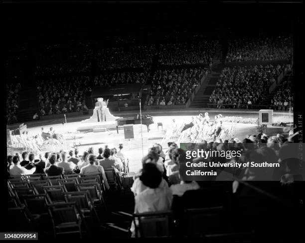 Billy Graham rehearsal, Hollywood Bowl, 21 September 1951. Billy Graham;Grady Wilson;Crowd shots.;Caption slip reads: 'Photographer: Lapp. Reporter:...