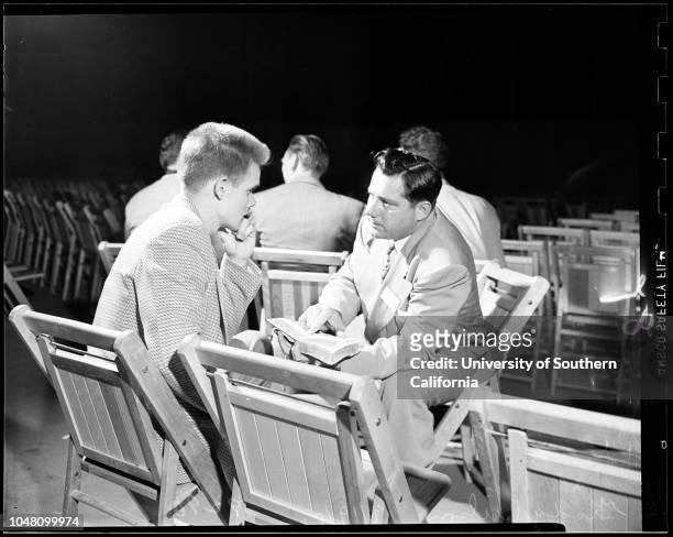 Billy Graham rehearsal, Hollywood Bowl, 21 September 1951. Billy Graham;Grady Wilson;Crowd shots.;Caption slip reads: 'Photographer: Lapp. Reporter:...