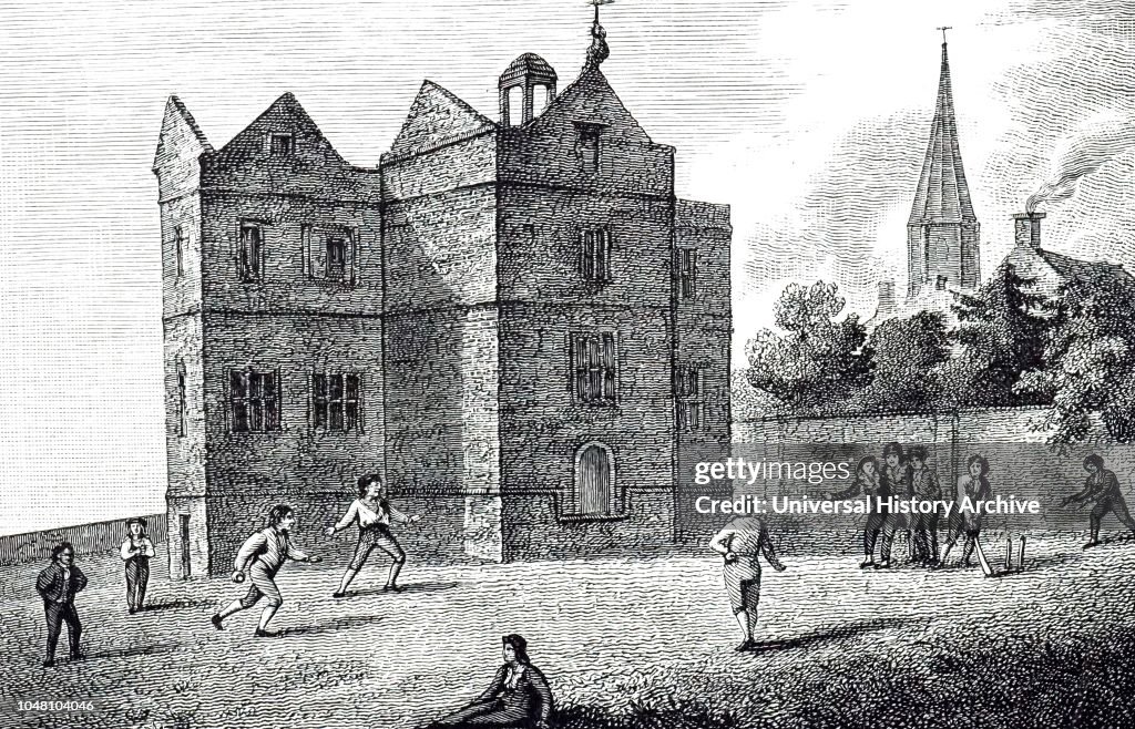 An engraving depicting a view of Harrow School with boys playing cricket