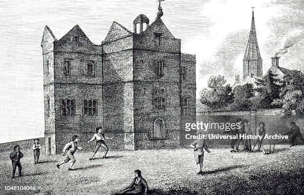 An engraving depicting a view of Harrow School with boys playing cricket. Dated 19th century.