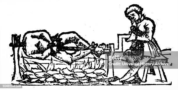 Woodcut depicting the cooking of a human body on a spit. The victim was most likely an enemy defeated during battle. Dated 16th century.