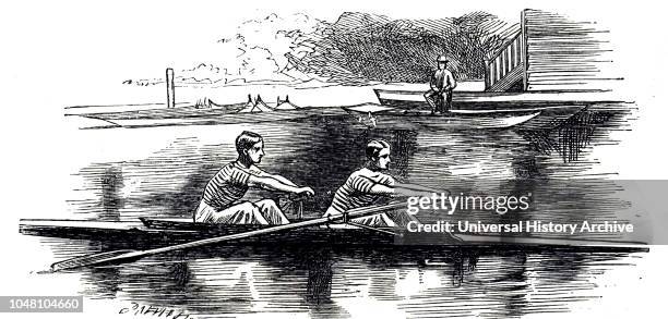 Illustration showing students in practice for the Boat Race, 1895. The Boat Race is an annual rowing race between the Oxford University Boat Club and...