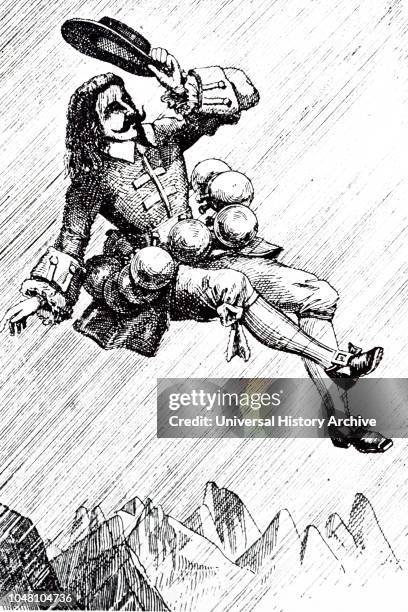 Illustration showing Cyrano de Bergerac flying using lifting energy provided by bottles of dew, evaporated by sunlight. Savinien de Cyrano de...