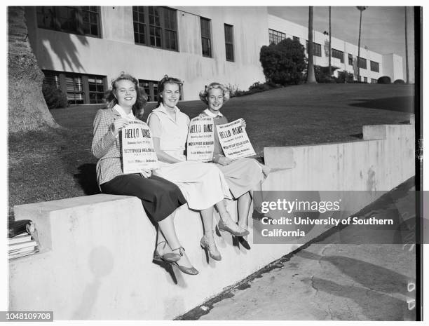 Santa Monica College 'Hello Day', 27 September 1951. Beverly Nelson;Pat Stermer;Susan Peters;Pat Hennessy;Elaine Jones;Jackie Wood;Shirley de...