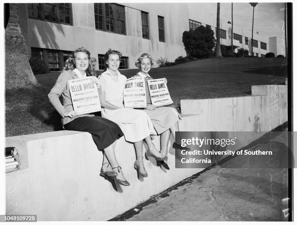 Santa Monica College 'Hello Day', 27 September 1951. Beverly Nelson;Pat Stermer;Susan Peters;Pat Hennessy;Elaine Jones;Jackie Wood;Shirley de...