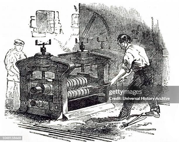 An engraving depicting a man rolling cast steel - Sheffield. Dated 19th century.