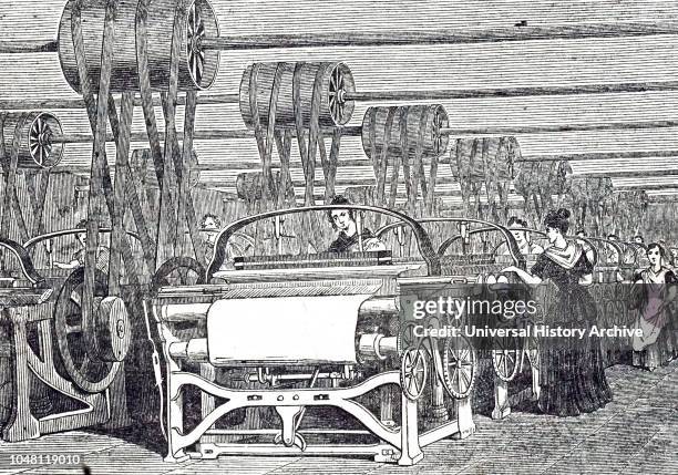 Illustration showing women workers inside a steam-powered Lancashire cotton mill. 1844.