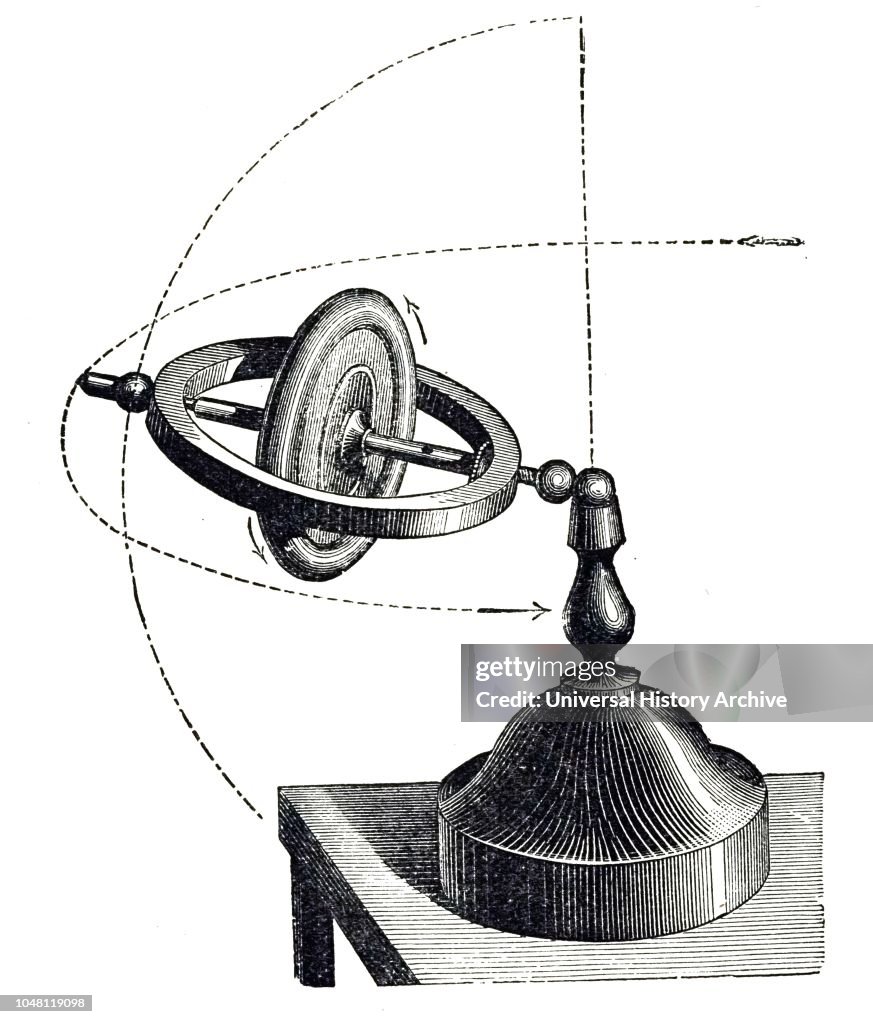 19th century illustration showing a toy gyroscope