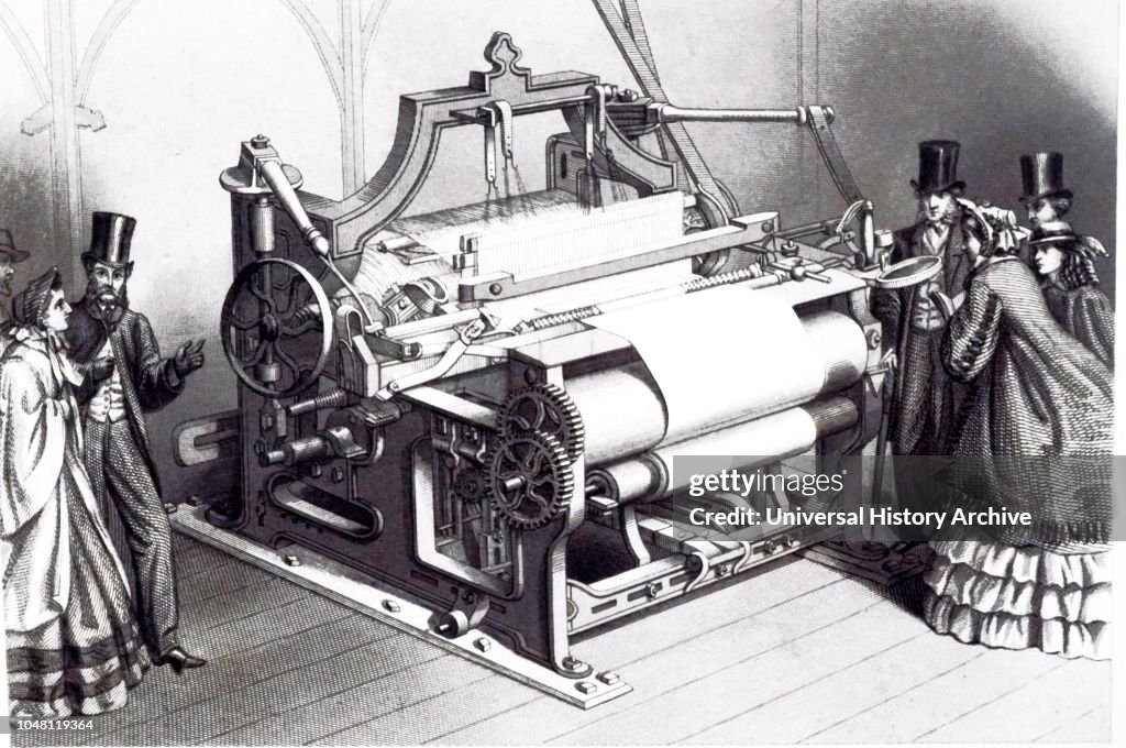 An engraving depicting W.G. Taylor's power loom for weaving calico.