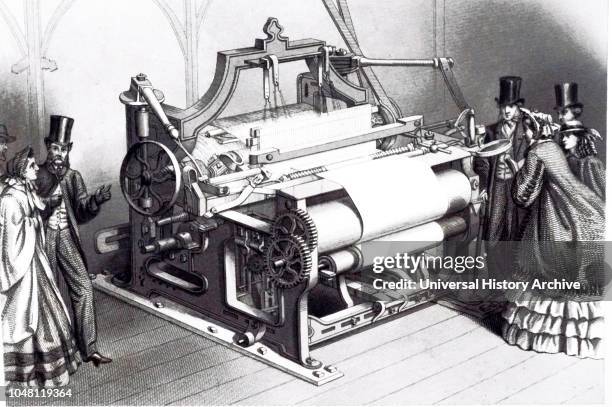 An engraving depicting W.G. Taylor's power loom for weaving calico. The machine was awarded the prize medal at the 1862 Exhibition. Dated 19th...