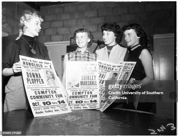 Compton Community Fair Queen contestants, 1 October 1951. Donna Plopper-- 17 years;Shirley Marshall -- 16 years;Mitzie Hunter -- 16 years;Jerri...