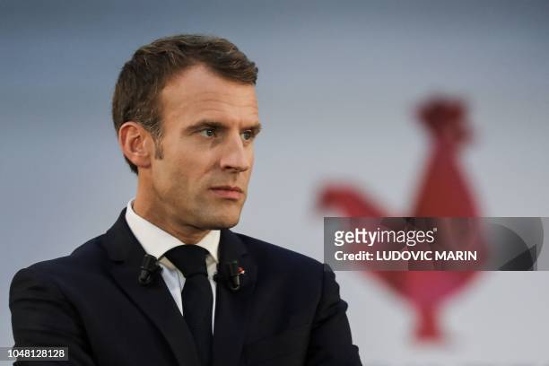 French President Emmanuel Macron speacks as he visits Station F startup campus in Paris, on October 9, 2018.