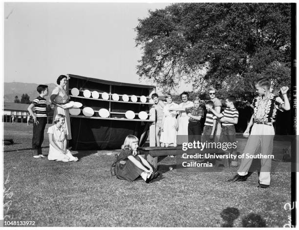 Polytech High School festival, 8 October 1951. Jill Gillett;Susan Gregory;Mrs Alden Roach;Priscilla Gillett. .;Caption slip reads: '1-4: Jill...