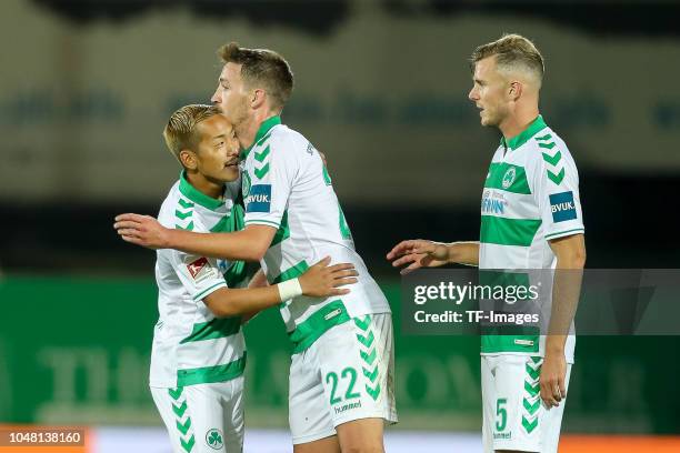 Yosuke Ideguchi of Greuther Fuerth , Mario Maloca of Greuther Fuerth and Richard Goeran Emil Magyar of Greuther Fuerth looks on during the Second...