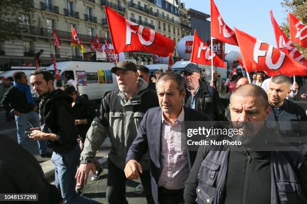 French union Force Ouvriere Confederal Secretary Pascal Pavageau takes part in a rally called by several French workers unions on October 9, 2018 in...