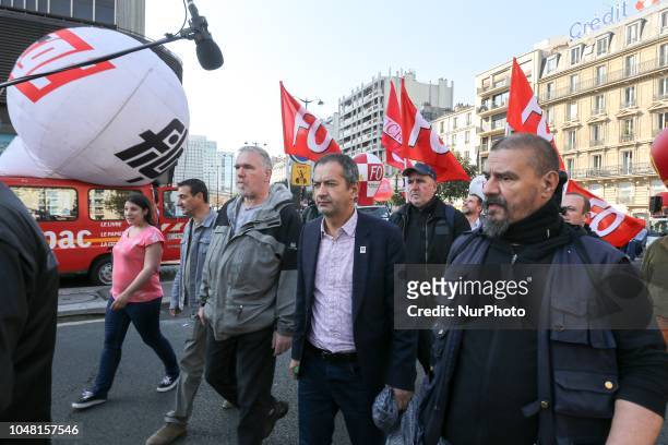 French union Force Ouvriere Confederal Secretary Pascal Pavageau takes part in a rally called by several French workers unions on October 9, 2018 in...