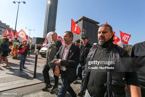 French union Force Ouvriere Confederal Secretary Pascal Pavageau takes part in a rally called by several French workers unions on October 9, 2018 in...