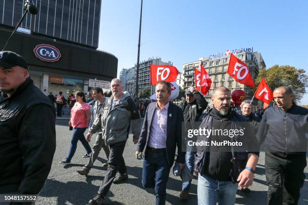 French union Force Ouvriere Confederal Secretary Pascal Pavageau takes part in a rally called by several French workers unions on October 9, 2018 in...