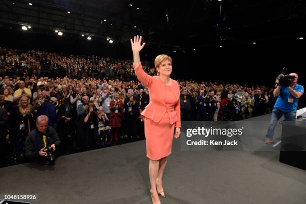 Scottish First Minister Nicola Sturgeon acknowledges applause after delivering her keynote address to delegates on the final day of the SNP Annual...