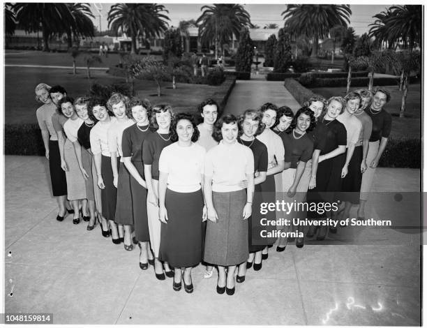 Pepperdine College Homecoming Queen Candidates, 08 November 1951. Gloria Ann Marshall;Marilyn Y Watson;Jerry Marie Curtis;Marilyn Todd;Susi Hilda...