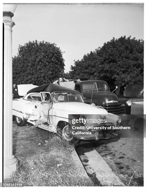 Traffic accident... Wilshire Boulevard and Muirfield Road, Los Angeles... Wife thrown from car, 16 November 1951. Harry Eisman, driver and husband of...