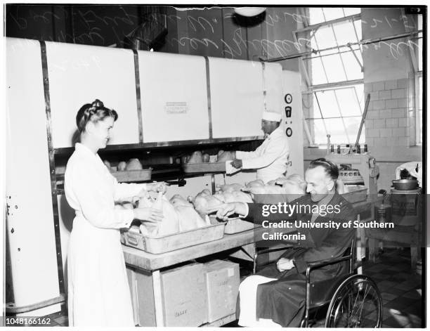Thanksgiving...Veterans Administration Hospital...West Los Angeles, 21 November 1951. Eugene W Inman, Wheelchair Patient;Charles Roe, Head Cook;Miss...