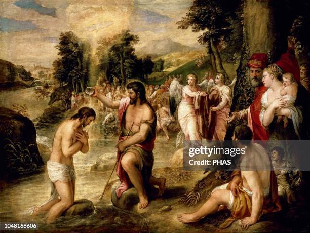 Christoph Schwarz . German court painter.. The Baptism of Christ. Oil on panel, 1575-1580. In the center scene, Jesus next to John the Baptist in the...