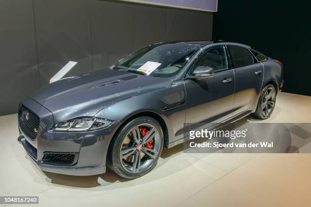 Jaguar XJ-series British luxury limousine car front side view on display at Brussels Expo on January 13, 2017 in Brussels, Belgium. The Jaguar XJ is...
