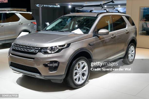 Land Rover Discovery Sport compact crossover SUV front view on display at Brussels Expo on January 13, 2017 in Brussels, Belgium. The Discovery Sport...