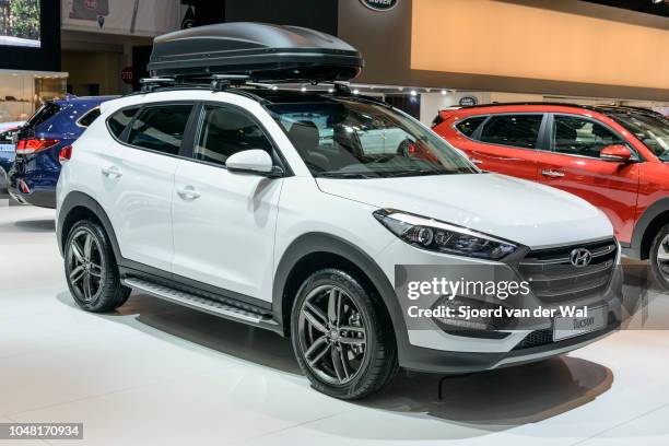 Hyundai Tucson compact SUV car on display at Brussels Expo on January 13, 2017 in Brussels, Belgium. The third generation of the Hyundai Tucson is...