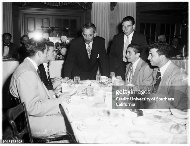 Football Luncheon University of Southern California, 07 November 1951. Jess Hill, Coach;Frank Gifford;Dean Schneider;Henry Welch;John Williams;Pat...