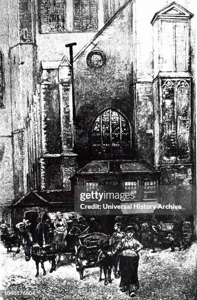 An engraving depicting Grote Markt in Haarlem with the Sint-Bavokerk visible. The Grote Markt is the central market square of Haarlem, Netherlands....