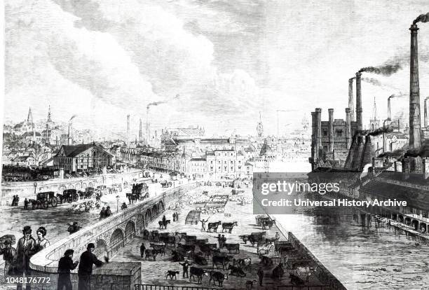 An engraving depicting a view of Sheffield seen from the railway station, with steelworks on the right. Dated 19th century.