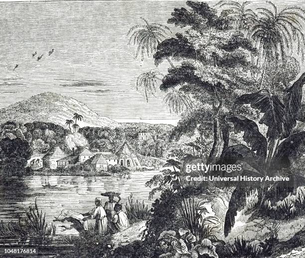 An engraving depicting a Jamaican sugarcane plantation during the sugar boom. African slaves harvested the sugar cane for their British owners. Dated...