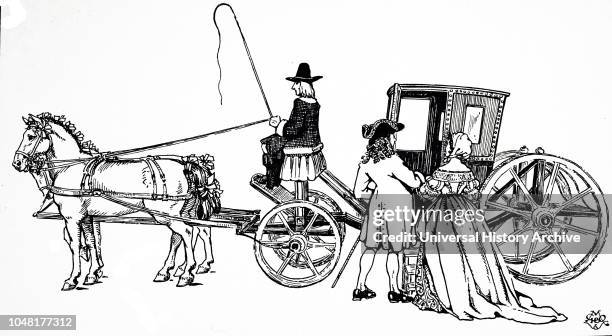 An engraving depicting a 17th-century coach. Dated 19th century.