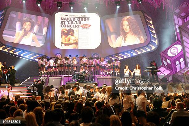 Julia Volkova and Lena Katina of t.A.T.u. During 2003 MTV Movie Awards - Show at The Shrine Auditorium in Los Angeles, California, United States.